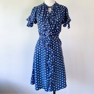 ANTHROPOLOGIE Lil Blue Polka Dot
Hailstones Silk Ruffle Trim Belted Dress